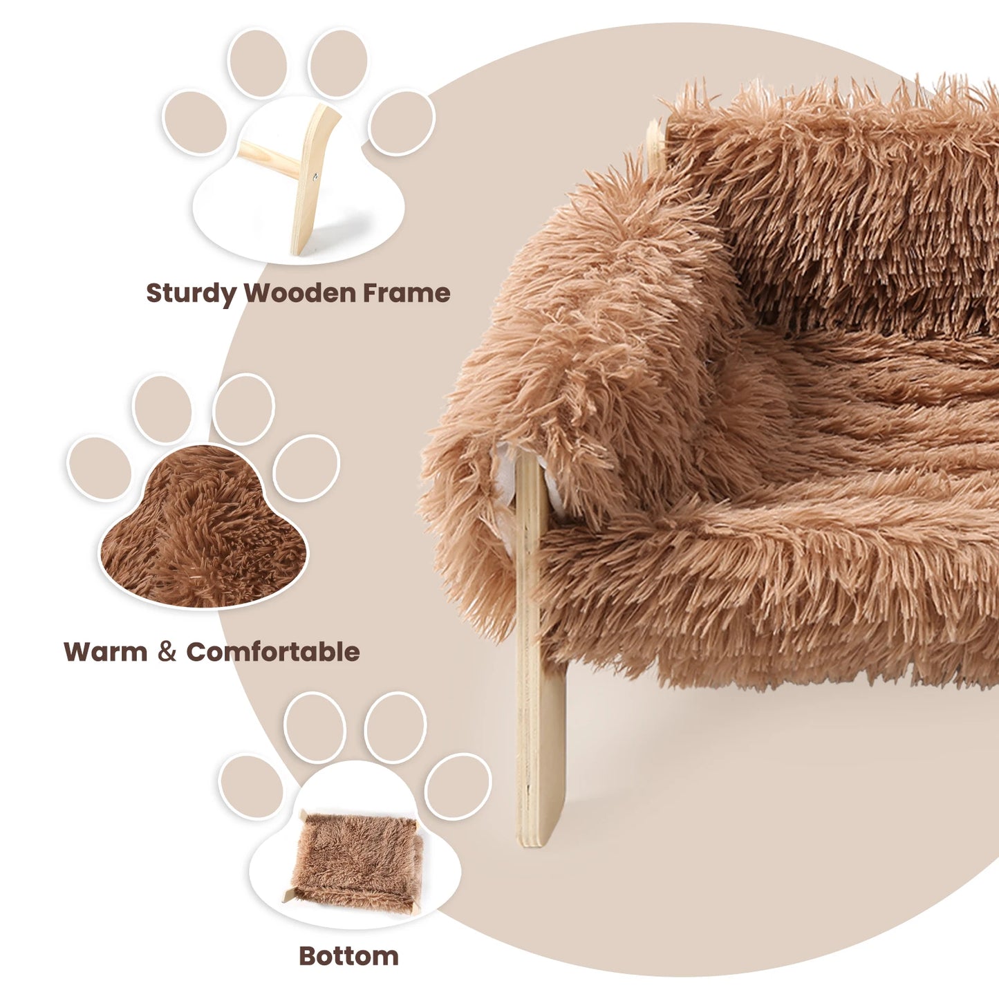 Raised Wooden Leg Cat Bed Plush Sofa For Indoor Cats