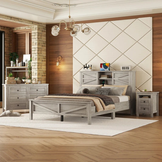 Farmhouse 3 Piece Bedroom Set Platform Bed With Storage Headboard