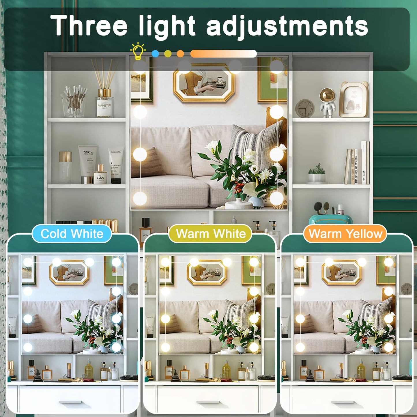 Onesaimei Minimalist Wooden Vanity With Light Up Mirror And Drawers