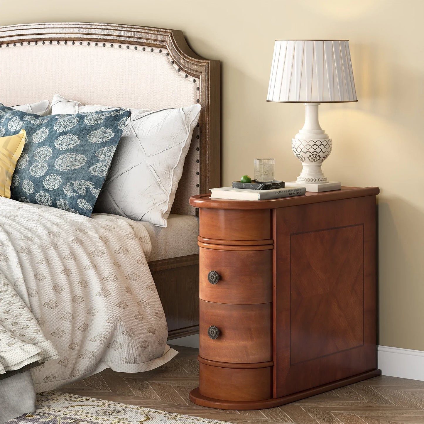 Tribesigns Round Solid Wood End Table With Drawer Nightstand