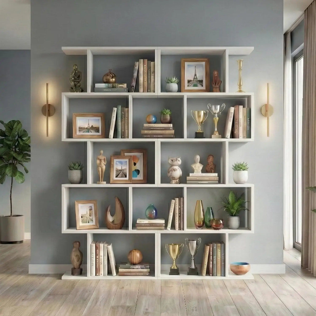 Modern 5 Tier Geometric Bookcase Room Divider Set Two