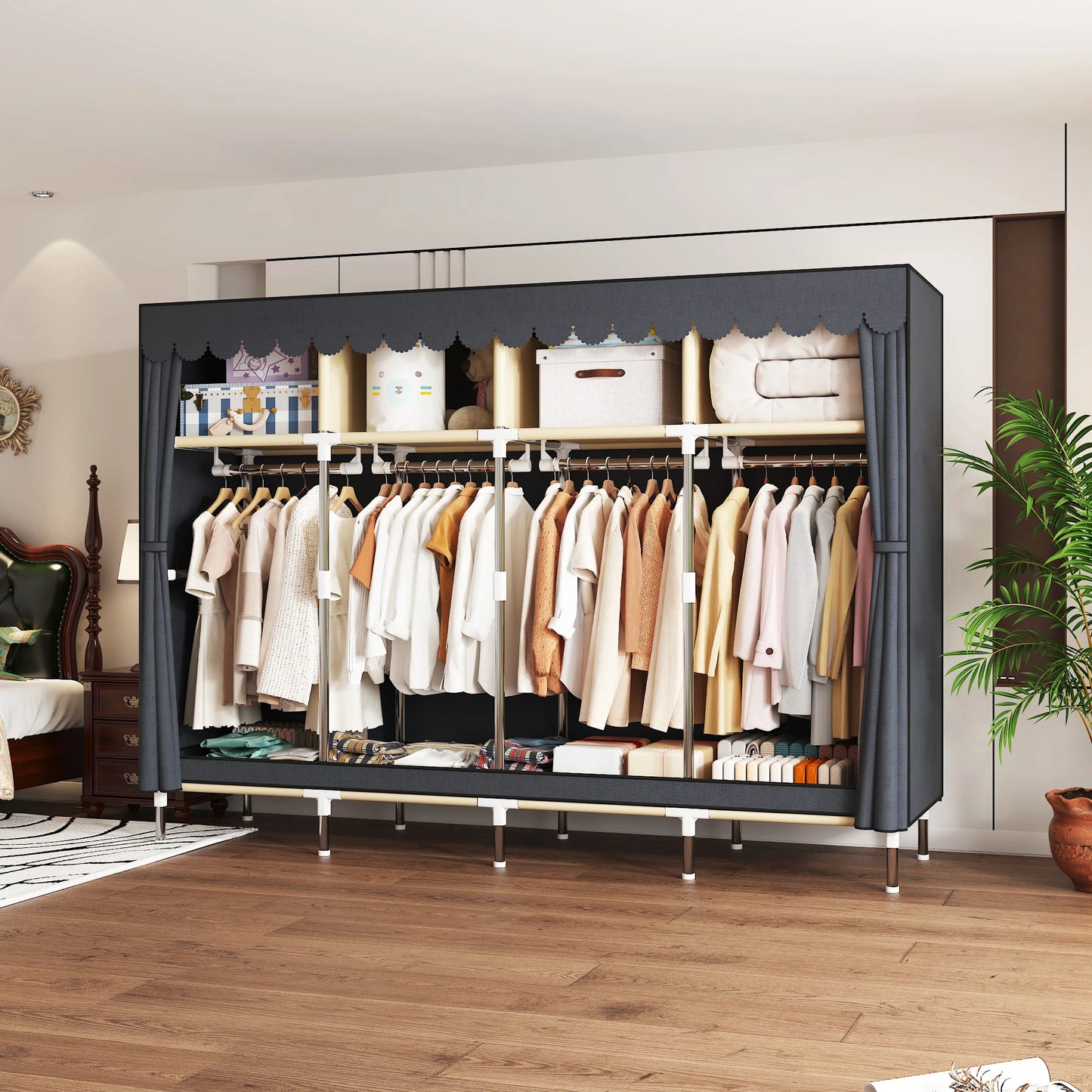 ArluKin Heavy Duty Fabric Wardrobe With 4 Hanging Rods And Storage Spaces