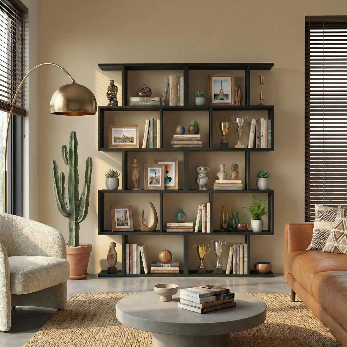 Modern 5 Tier Geometric Bookcase Room Divider Set Two
