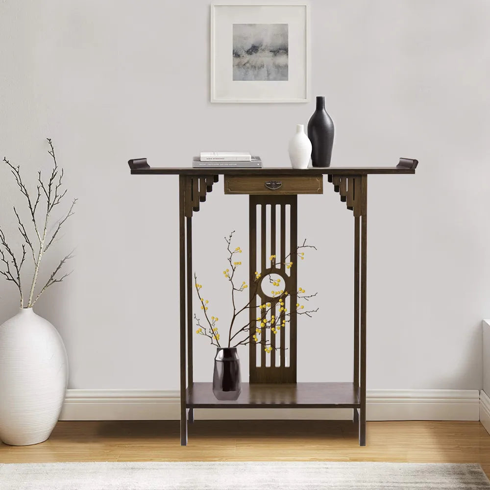 LUVODI Classic Wood Console Table With Drawer And Bottom Shelf