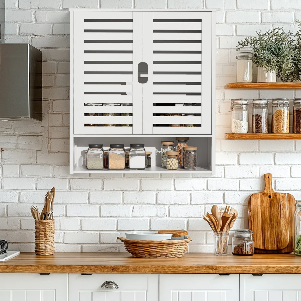 Bamboo Bathroom Wall Cabinet With Double Door And Adjustable Shelves
