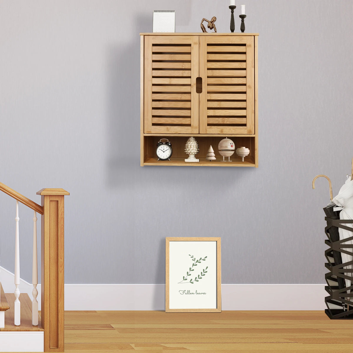 Bamboo Bathroom Wall Cabinet With Double Door And Adjustable Shelves
