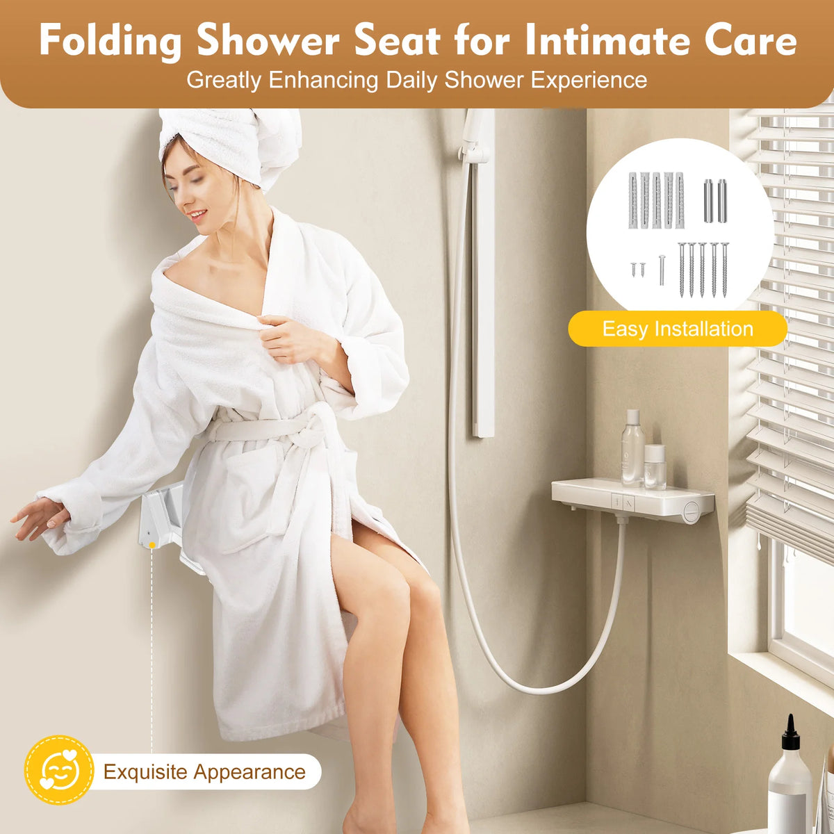 Wall Mounted Folding Shower Seat Waterproof Bathroom Bench