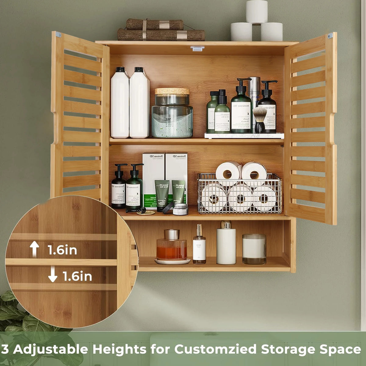 Bamboo Bathroom Wall Cabinet With Double Door And Adjustable Shelves