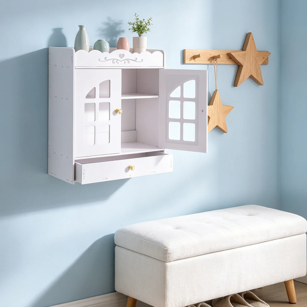 Wall Mounted Bathroom Organizer With Four Waterproof Plastic Shelves