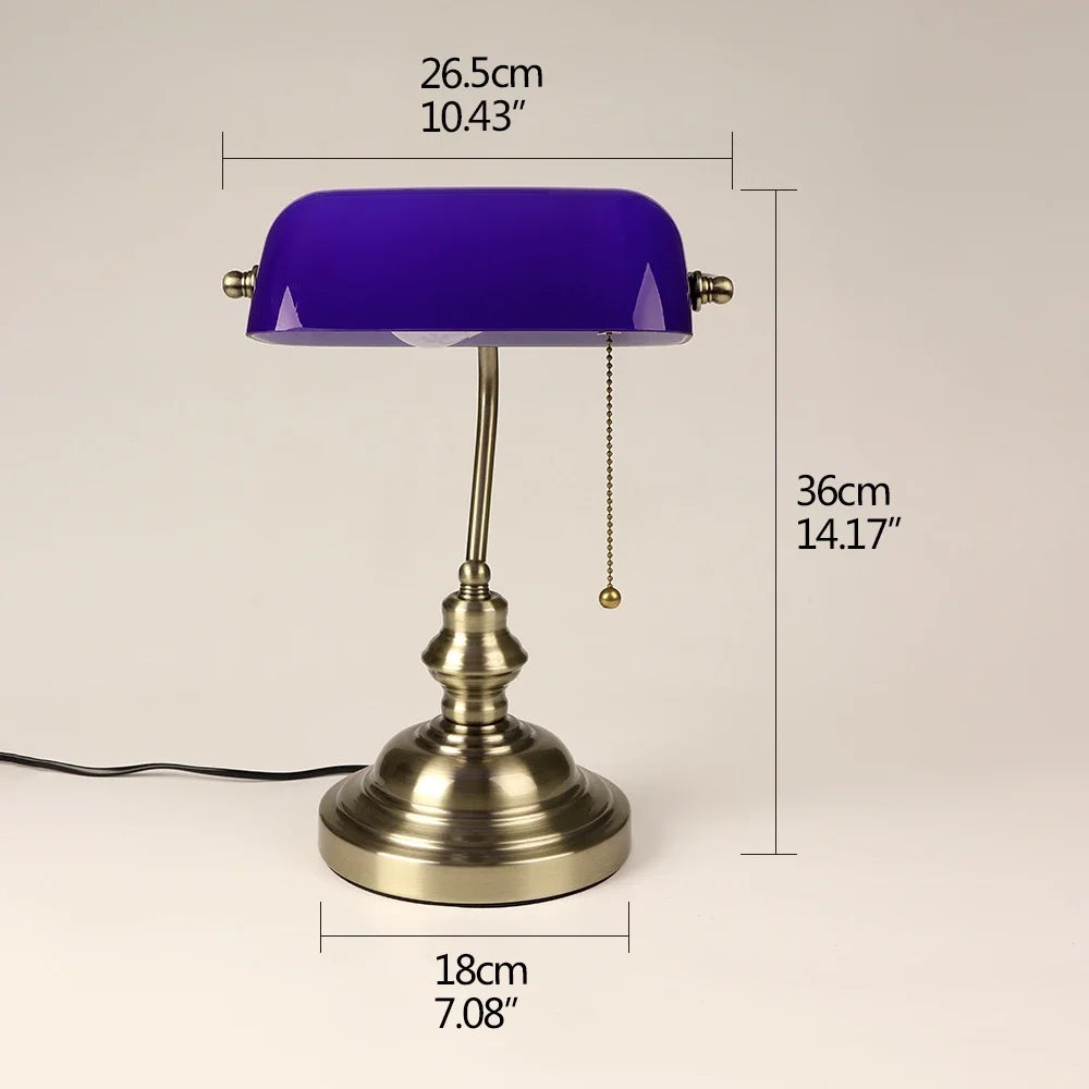 E27 Glass Iron Banker Desk Lamp With Zipper Switch For Office And Bedroom