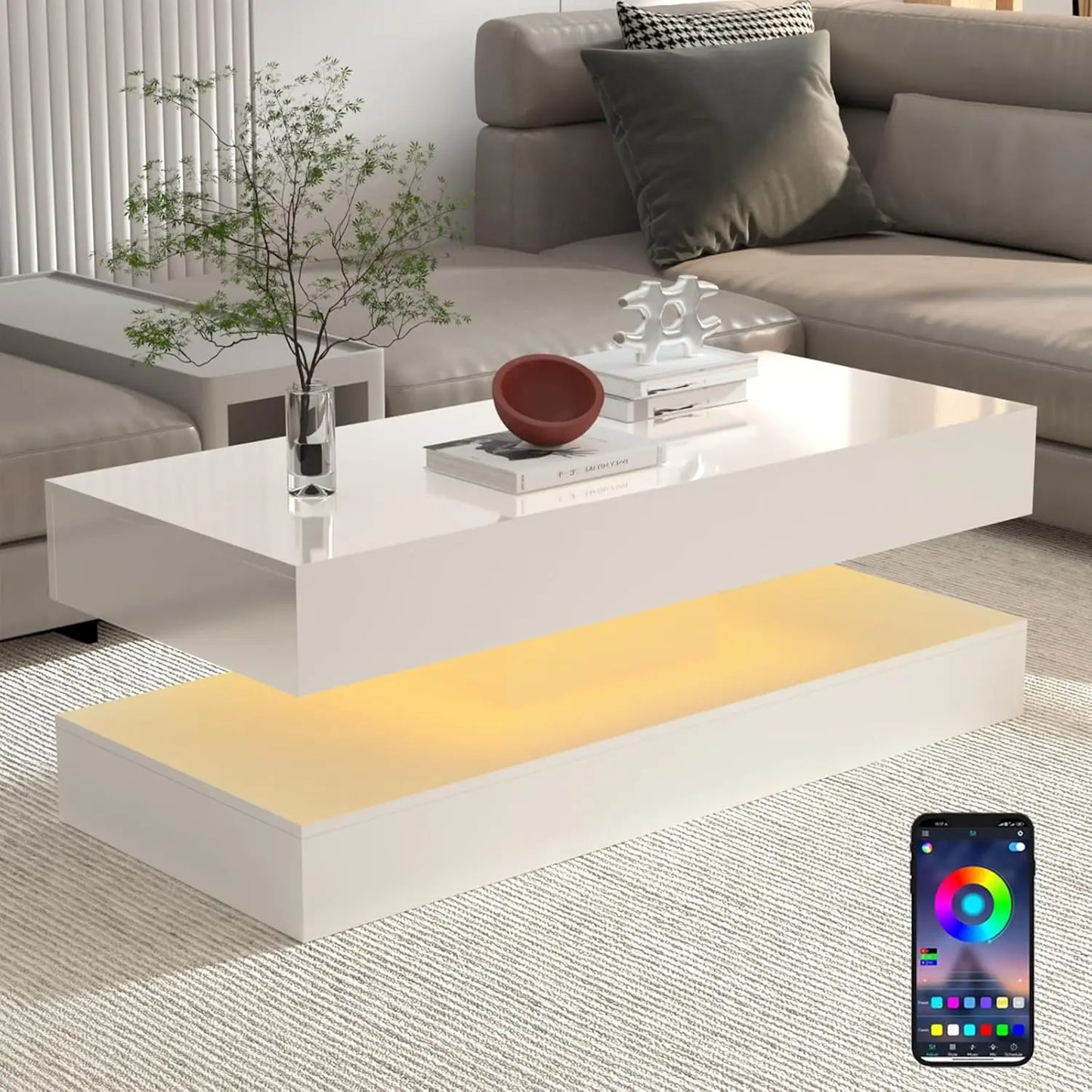 QiaoShiRen Modern LED Coffee Table With Double Layer Storage Drawers