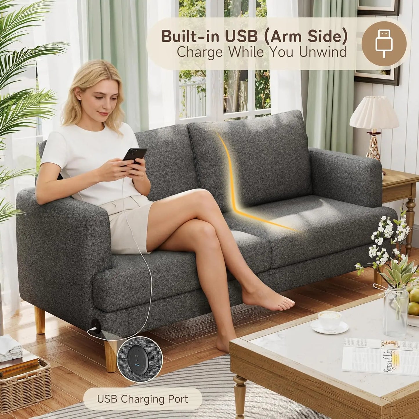 Linen Fabric Loveseat With USB-C Ports For Living Room