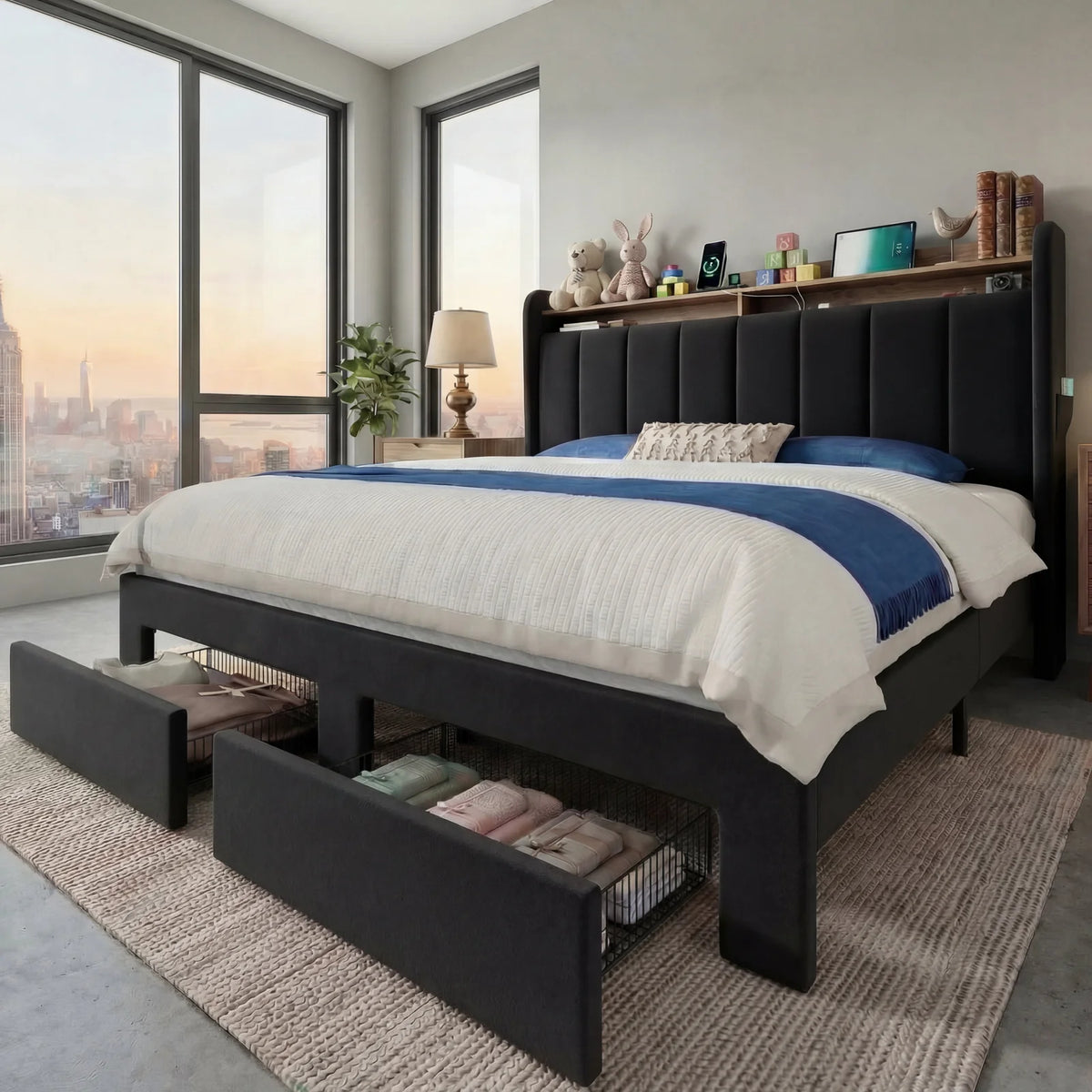 Hoomic Bed Frame With Led Lights Storage Drawers And Charger