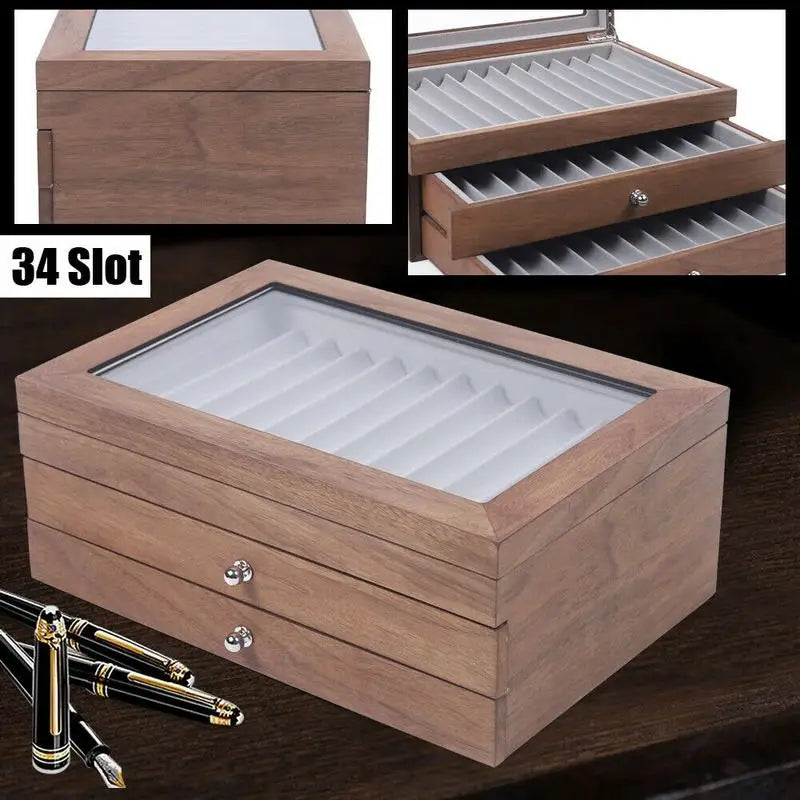Wooden Pen Storage Case With Drawer For Stationery Display