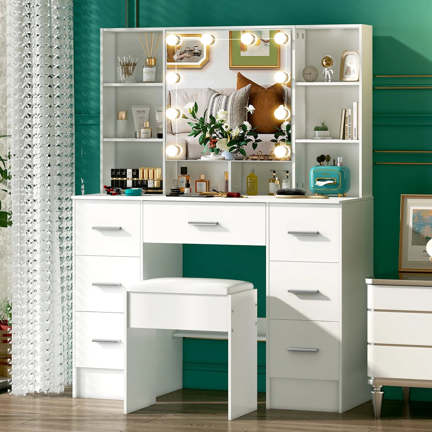 Onesaimei Minimalist Wooden Vanity With Light Up Mirror And Drawers