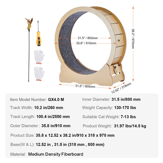 Wooden Cat Exercise Wheel Large Indoor Running Treadmill With Detachable Carpet