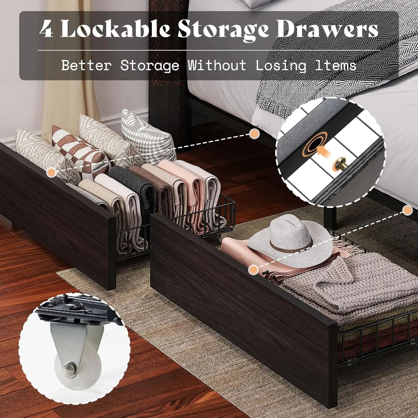 Bed Frame With Bookcase Headboard And Linen Upholstery With Storage Drawers