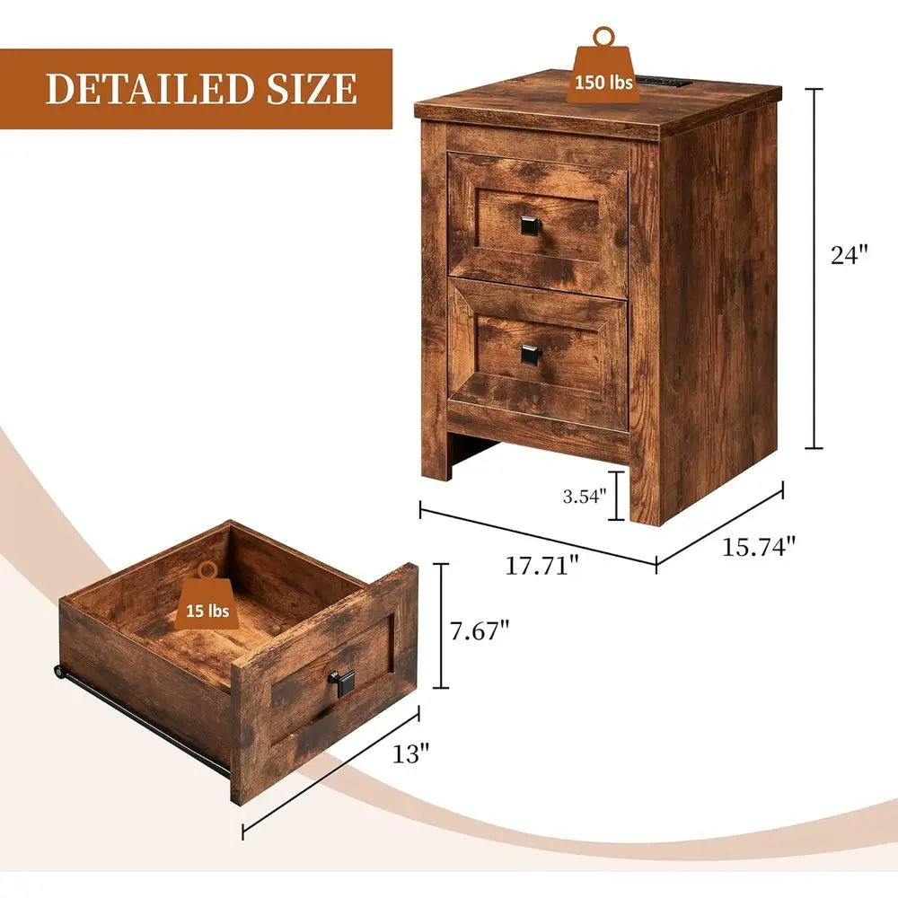 Rustic Wood Nightstands Set of 2 With Charging Station