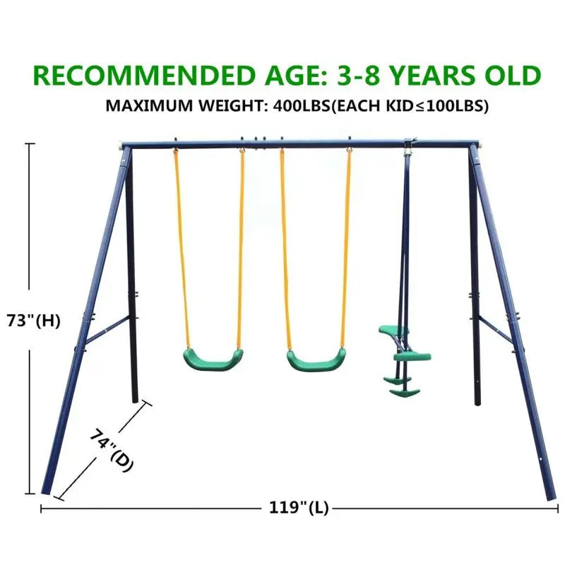 Metal Swing Set For Kids Outdoor Heavy Duty Frame With Double Swings