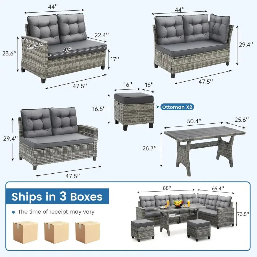 XMSJ All Weather Patio Furniture Set Outdoor Sectional Sofa With Dining Table