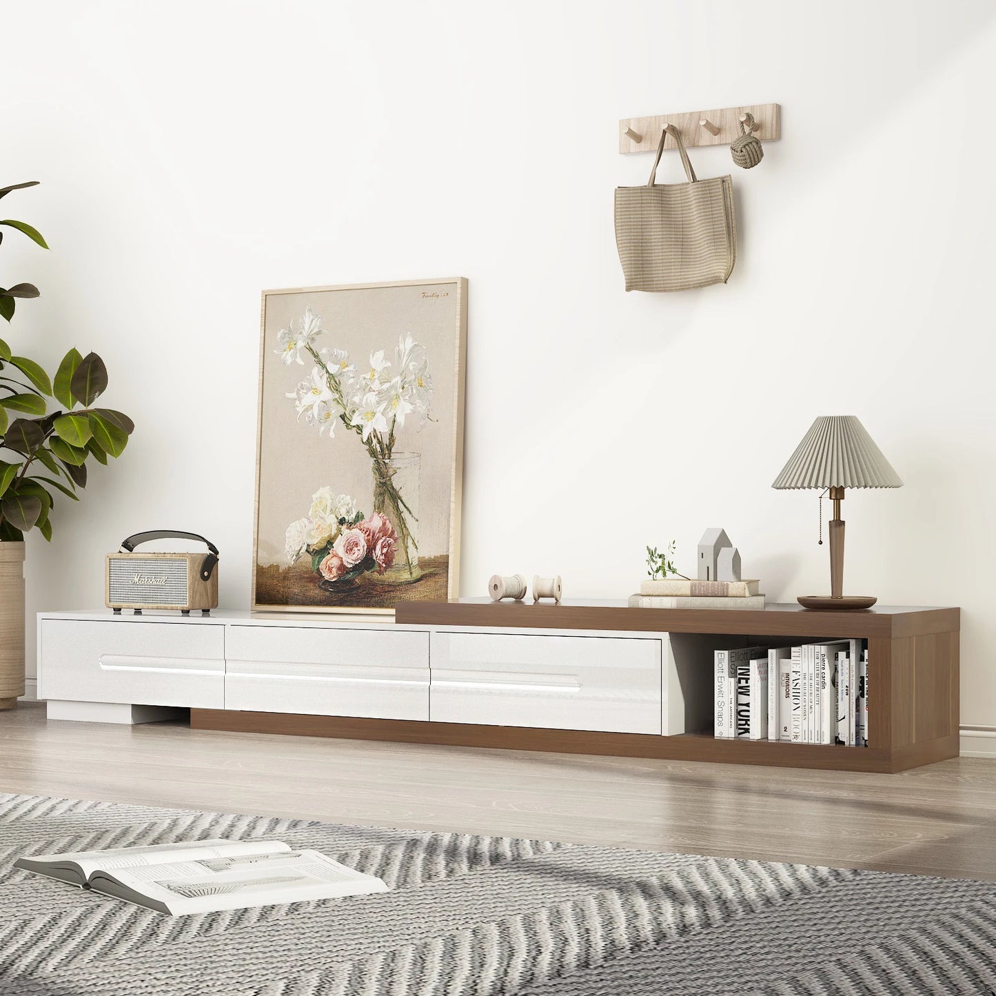QiaoShiRen Extendable TV Stand With Open Storage And Three Drawers
