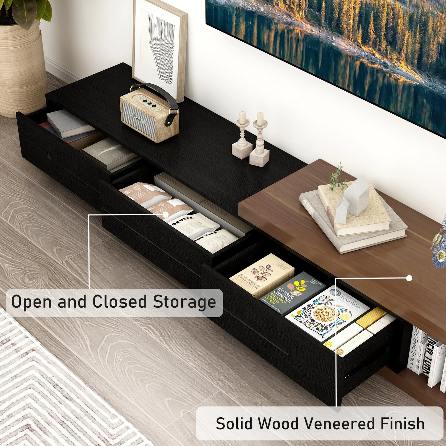 QiaoShiRen Extendable TV Stand With Open Storage And Three Drawers