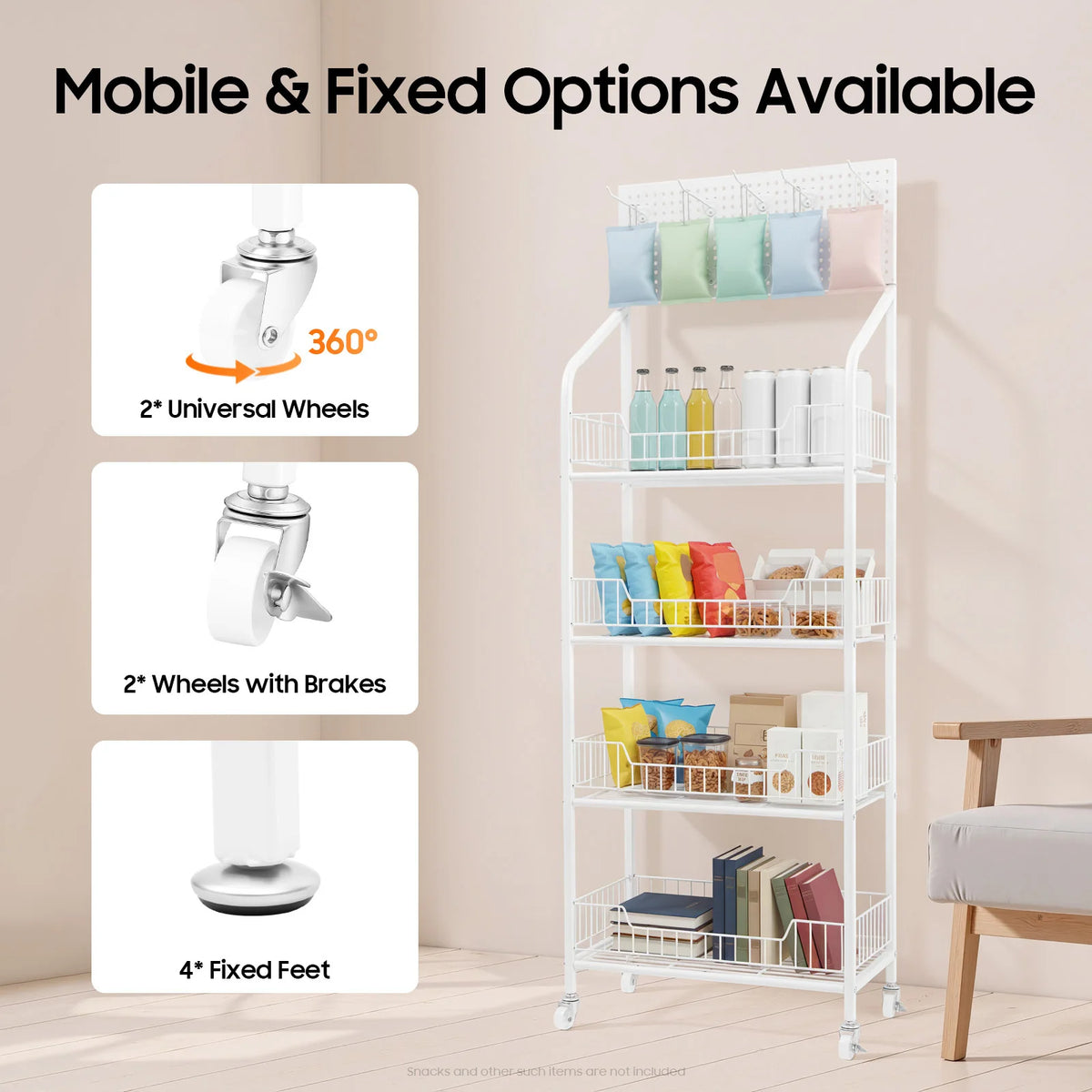 Four Tier Wire Snack Rack Storage Display Stand With Wheels