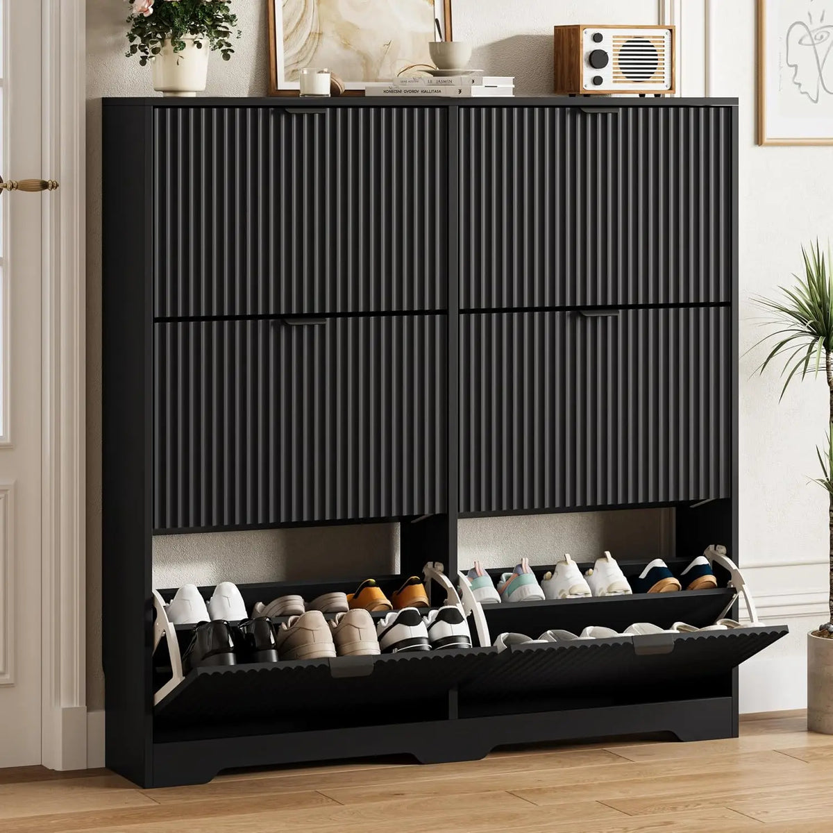 Walnut Fluted Shoe Cabinet With 6 Flip Drawers Adjustable Shelves Wooden