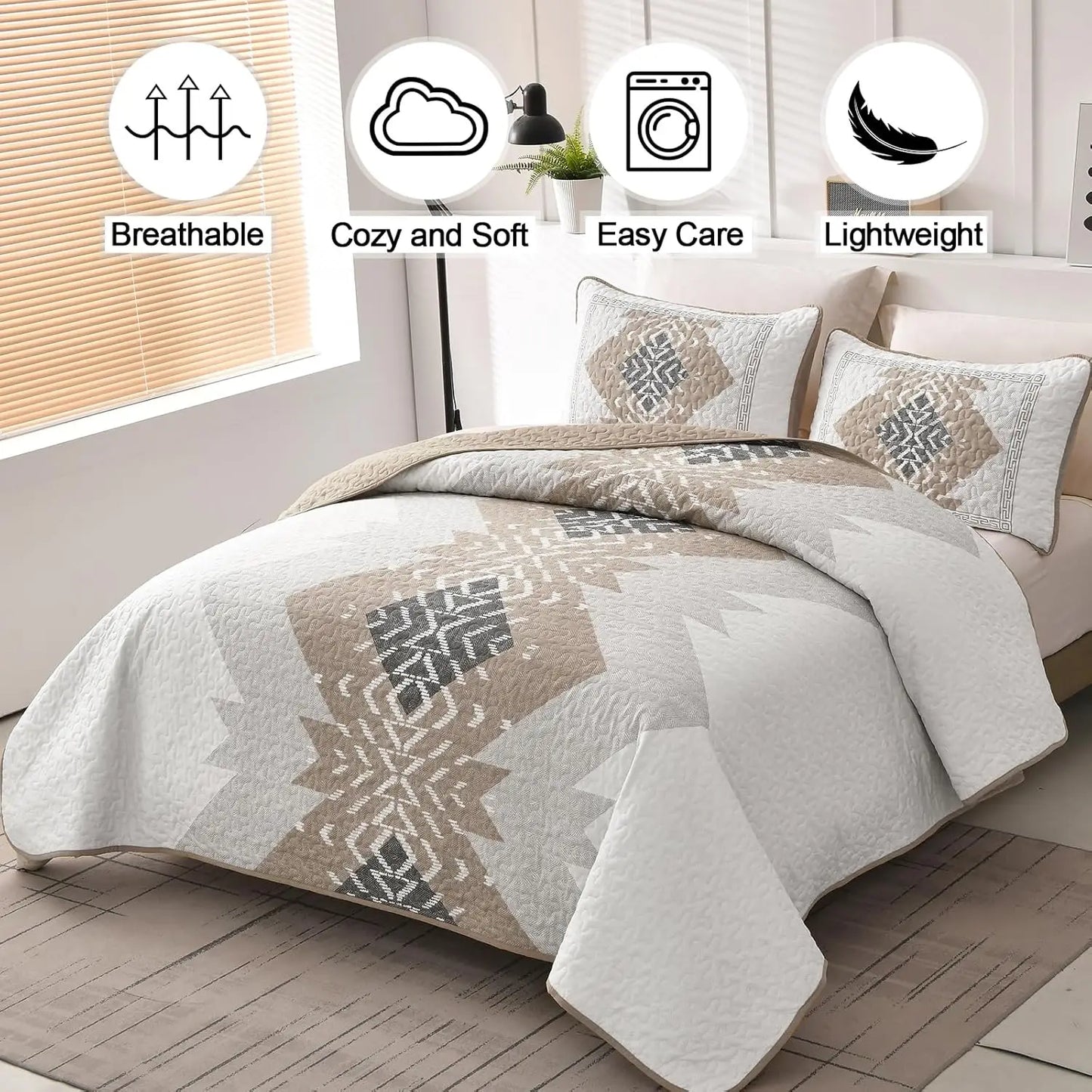 Boho Aztec Quilt Set 3 Piece Bedspread With Geometric Microfiber