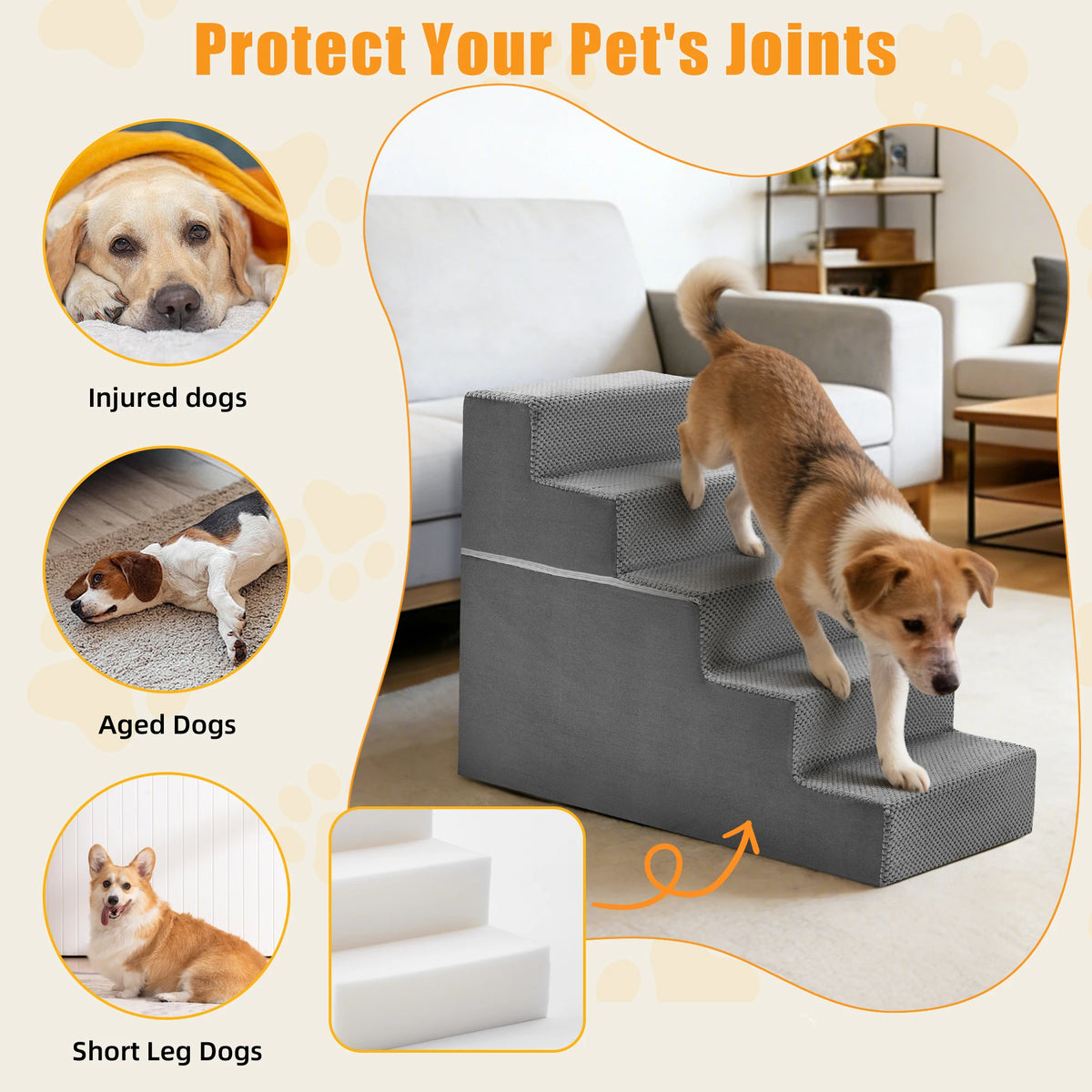 JHK Universal Curved Step Foam Dog Stairs Ramp