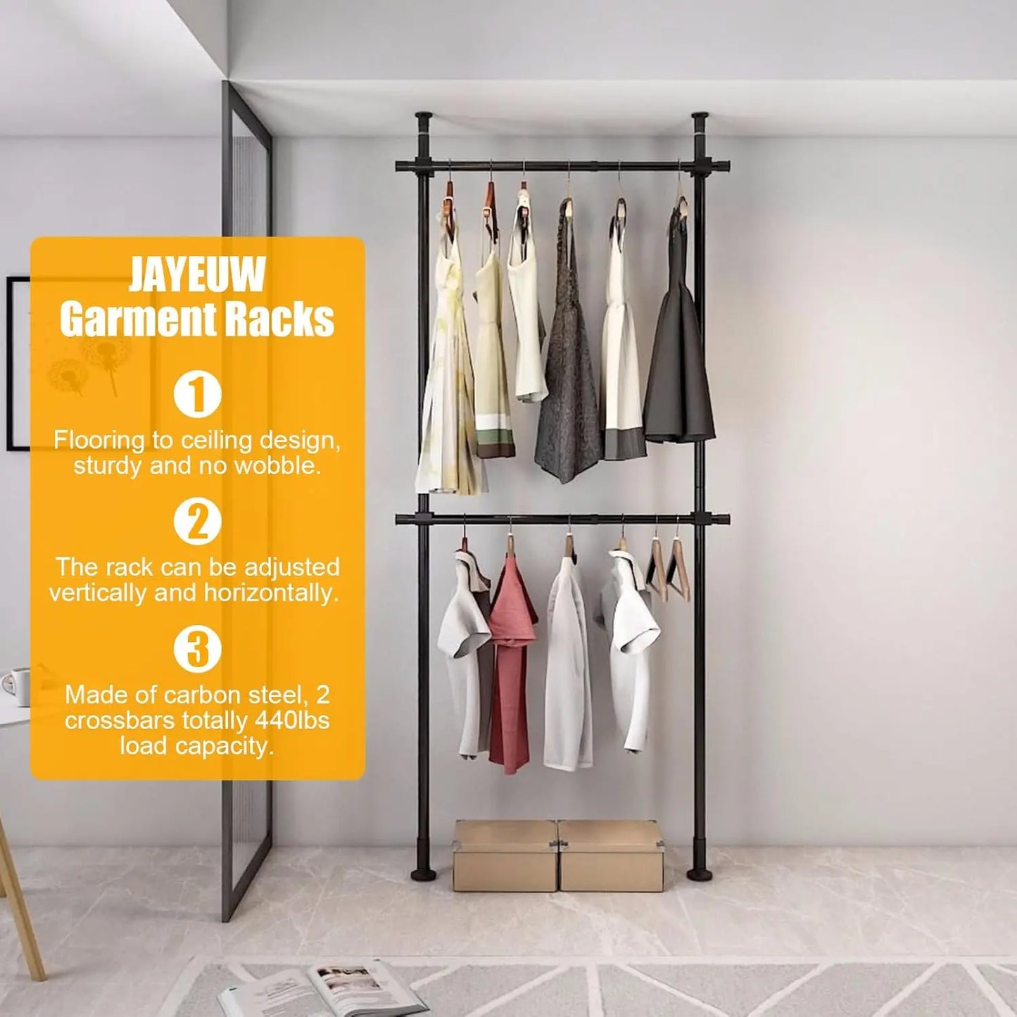 Adjustable Floor to Ceiling Clothing Rack Organizer in Stainless Steel