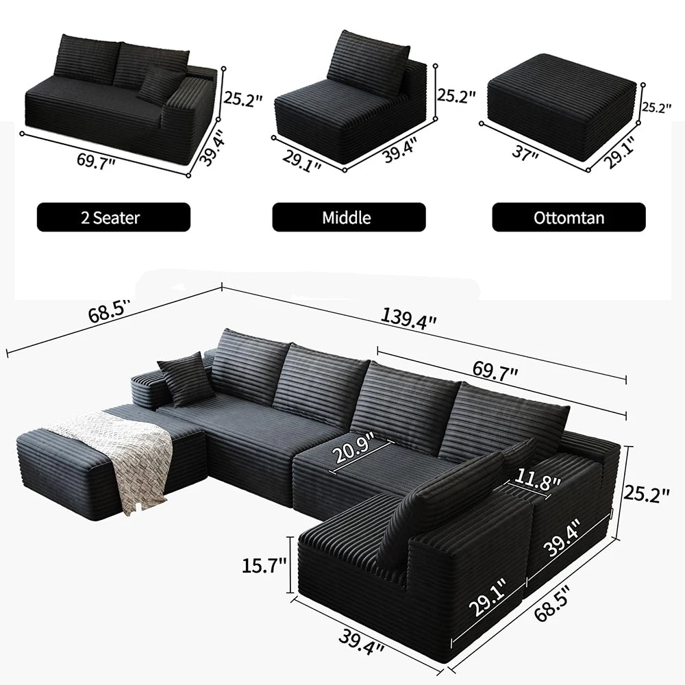 YQXH Cloud Style Sectional Sofa With Corduroy Memory Foam Cushions