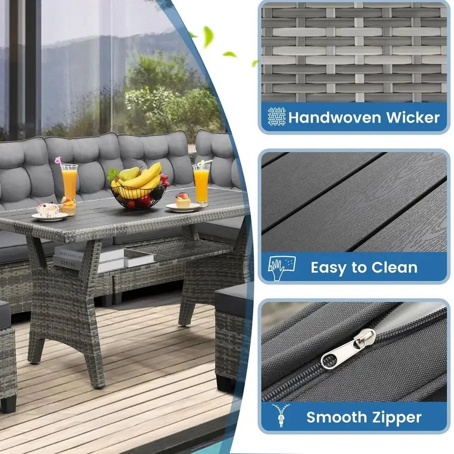 XMSJ All Weather Patio Furniture Set Outdoor Sectional Sofa With Dining Table