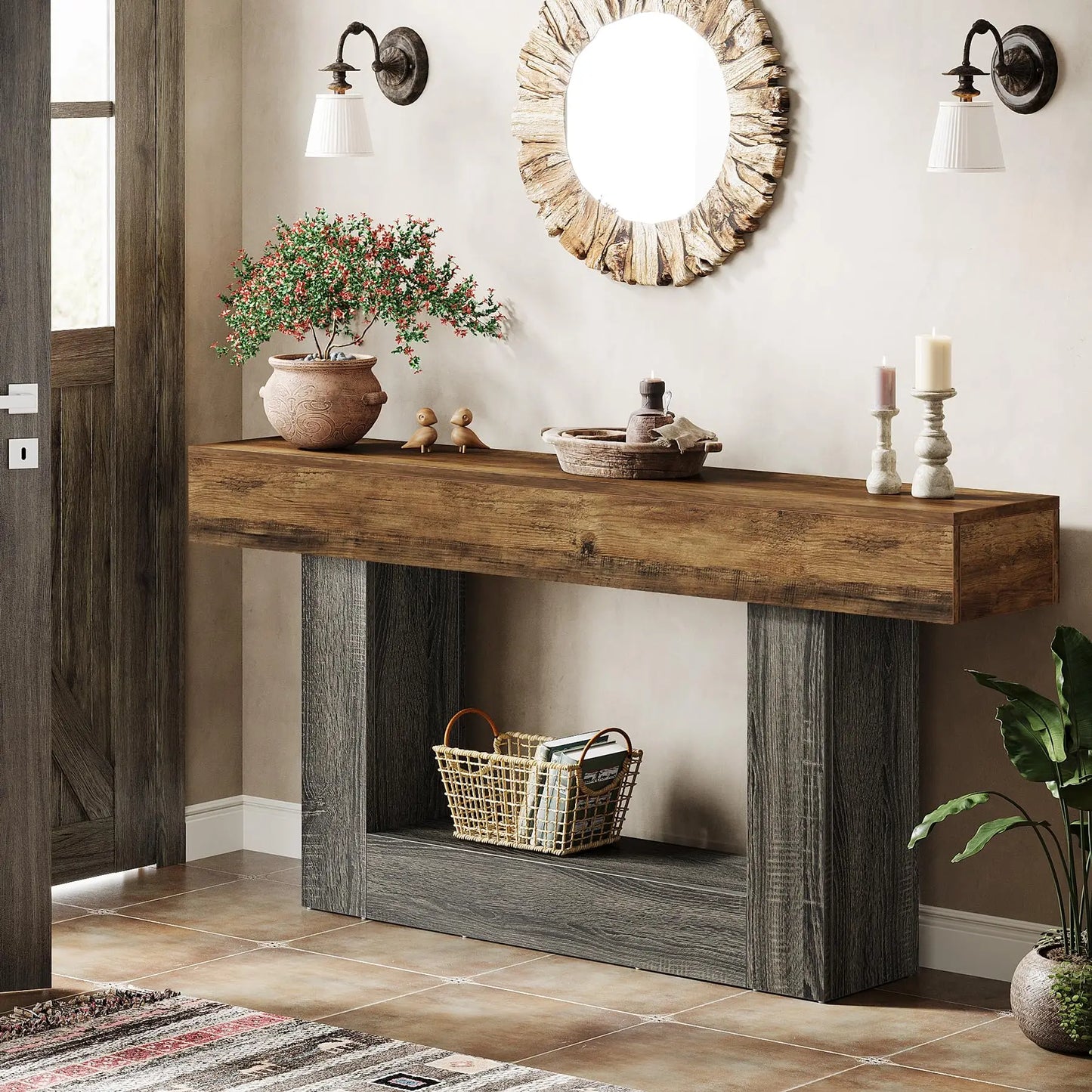 Tribesigns Farmhouse Console Table 2-Tier Entryway With U Shaped Base