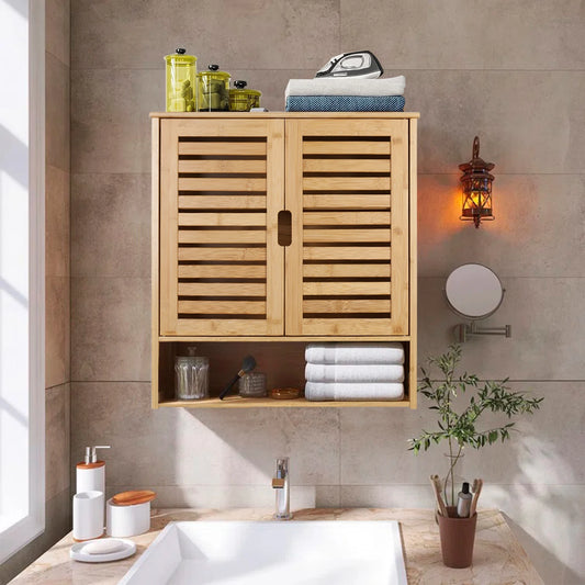 Bamboo Bathroom Wall Cabinet With Double Door And Adjustable Shelves
