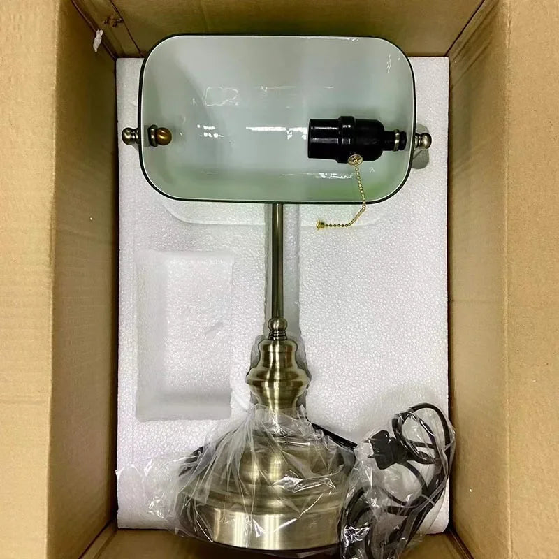 E27 Glass Iron Banker Desk Lamp With Zipper Switch For Office And Bedroom