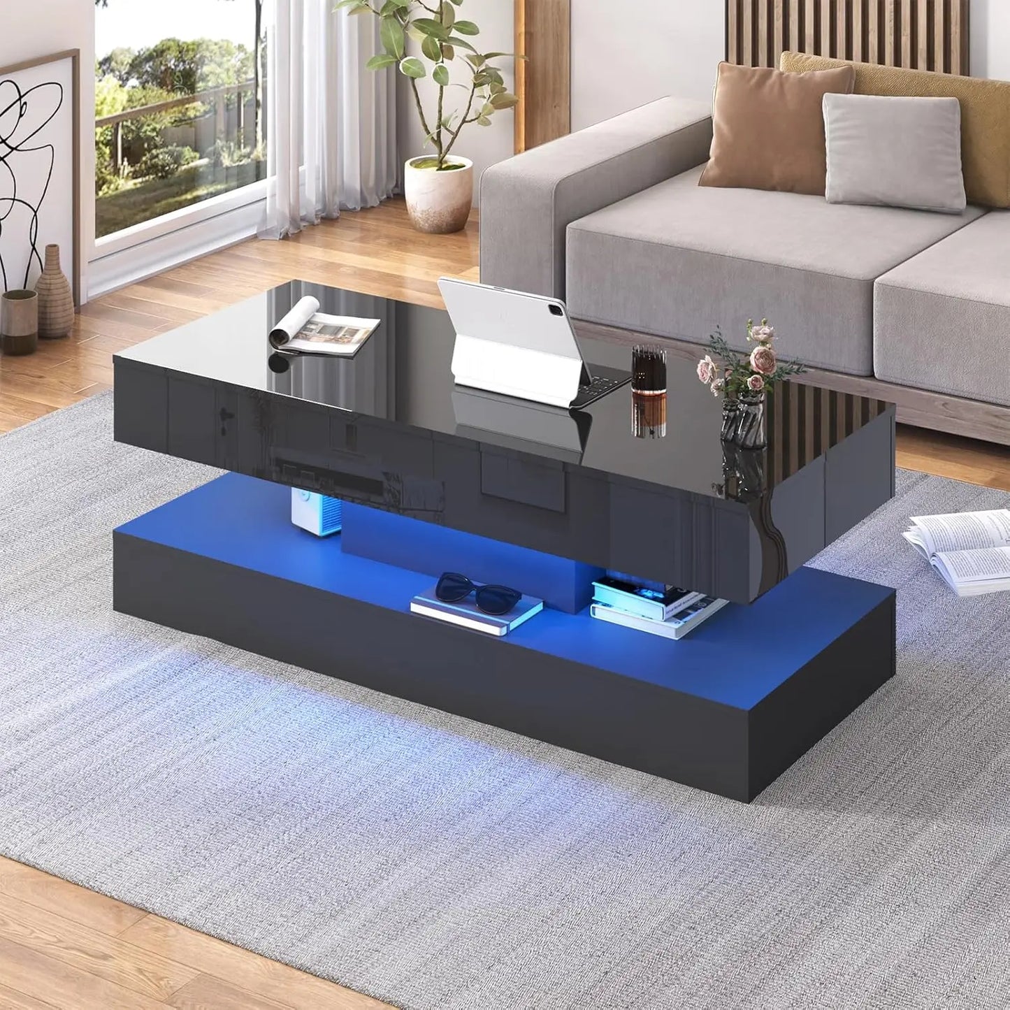 QiaoShiRen Modern LED Coffee Table With Double Layer Storage Drawers