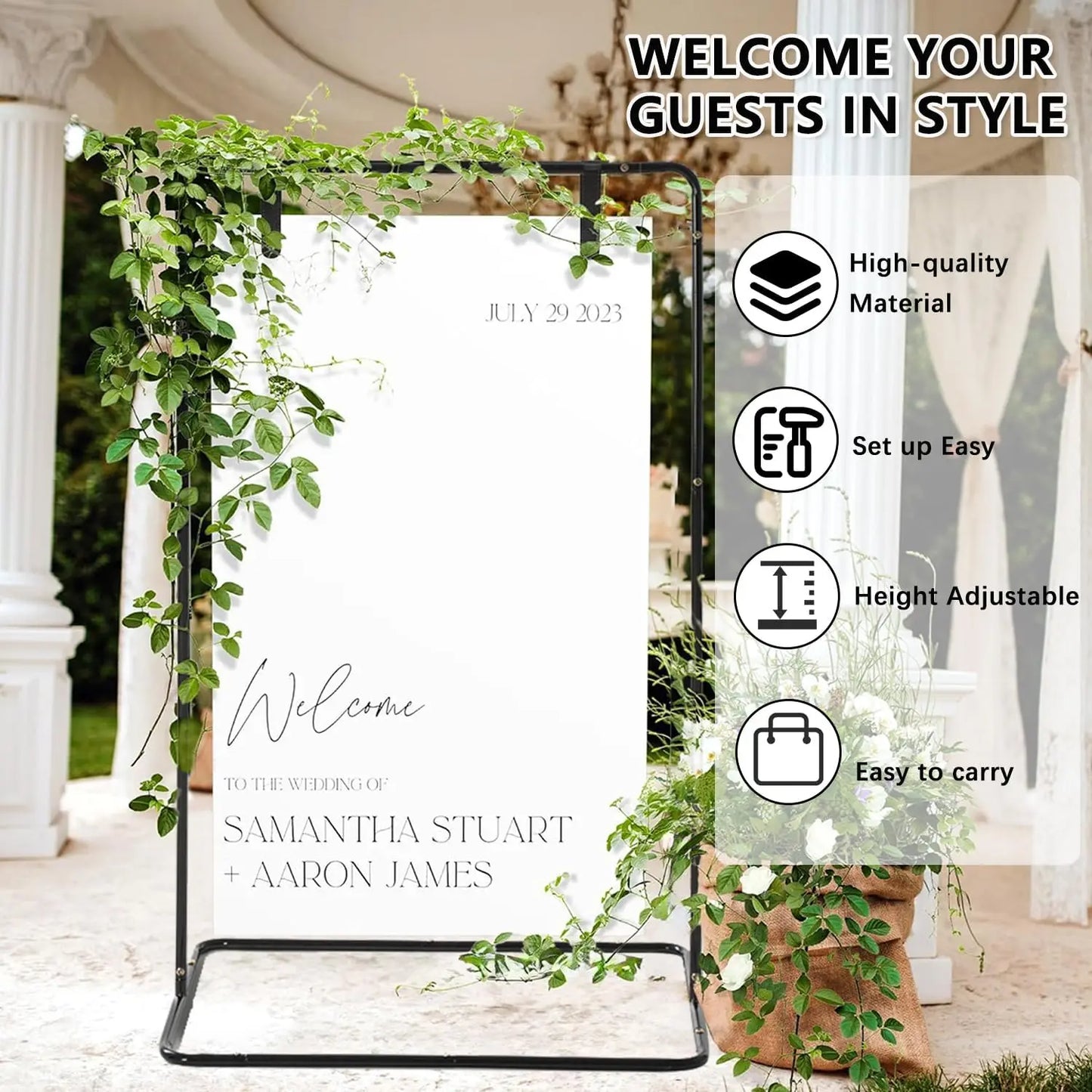Adjustable Metal Wedding Sign Stand Heavy Duty Leather Straps Holder