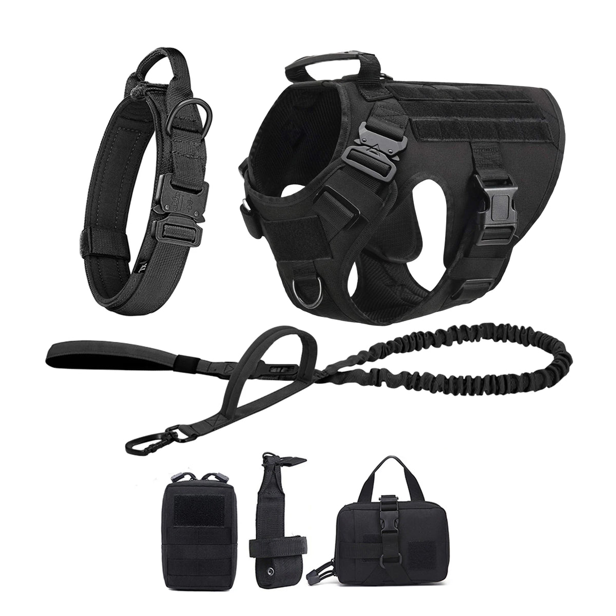Tactical Nylon Dog Harness Collar With Molle Pouches For Large Pets