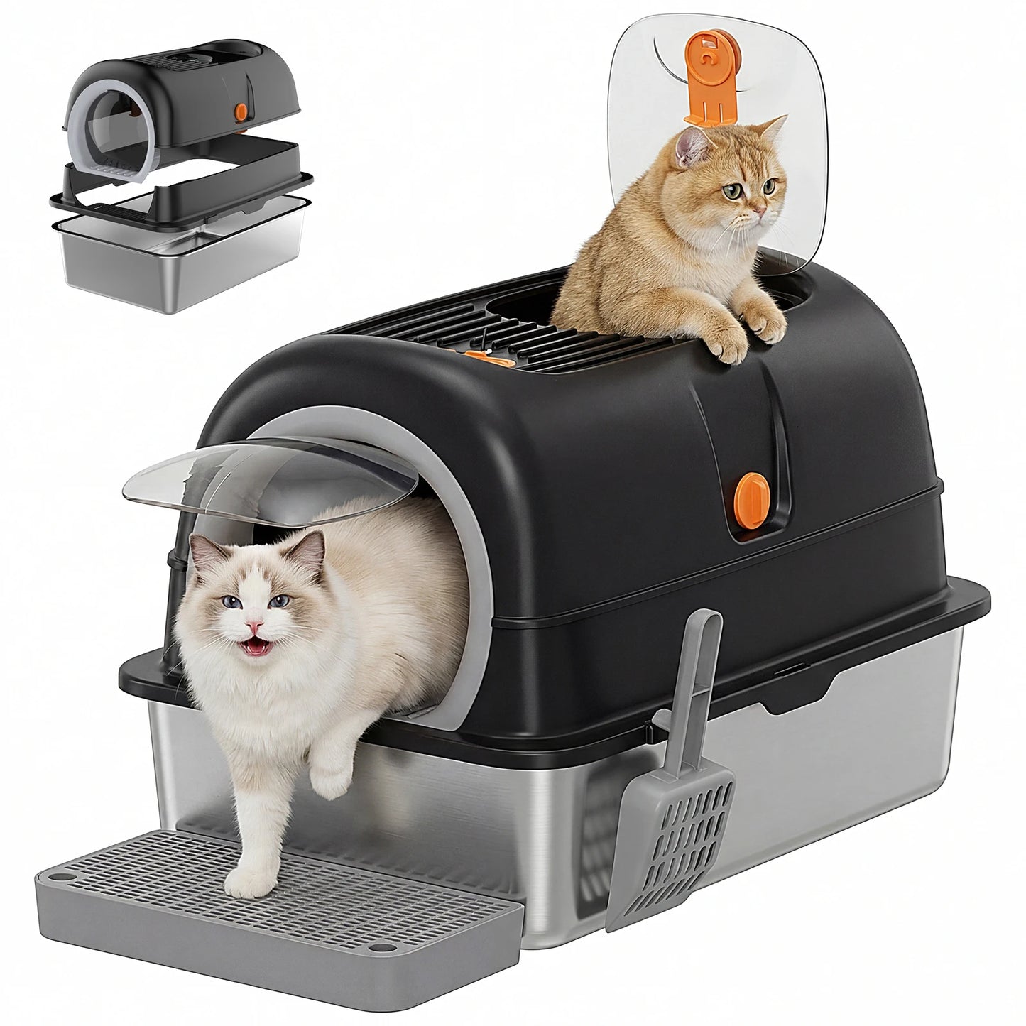 Stainless Steel Cat Litter Box Fully Enclosed For Large Cats Scoop And Mat