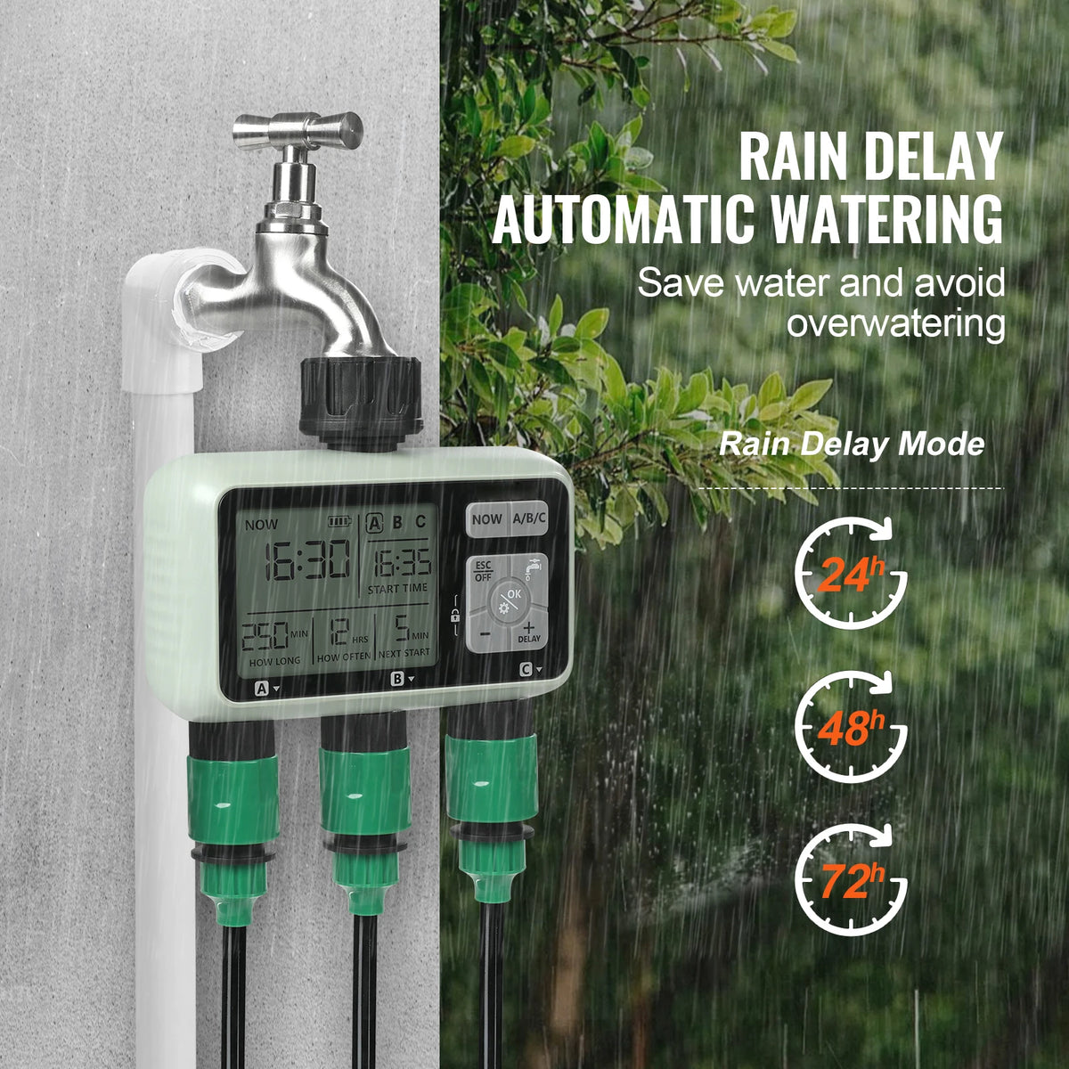 SucceBuy 3 Outlet Water Timer With LCD Display And Rain Delay