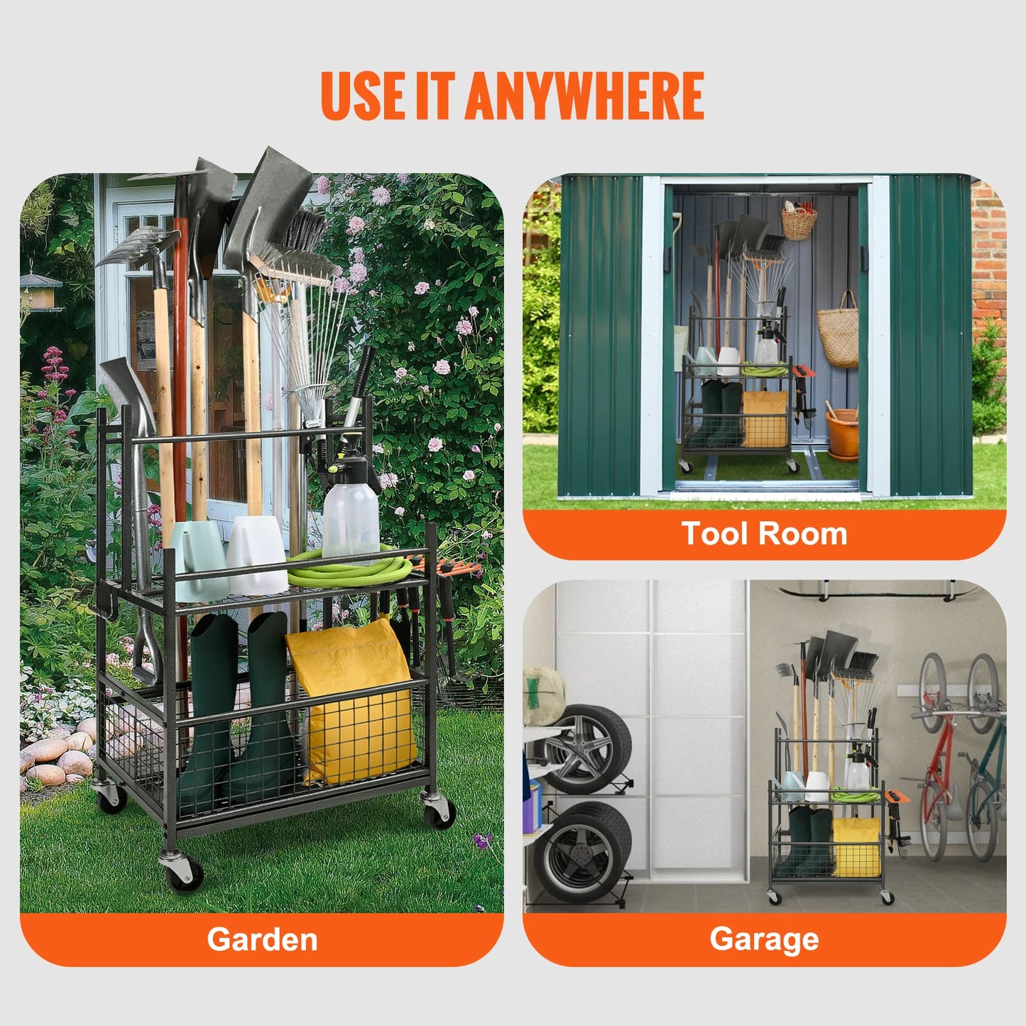 Garden Tool Organizer Rack With Hooks And Wheels For Garage