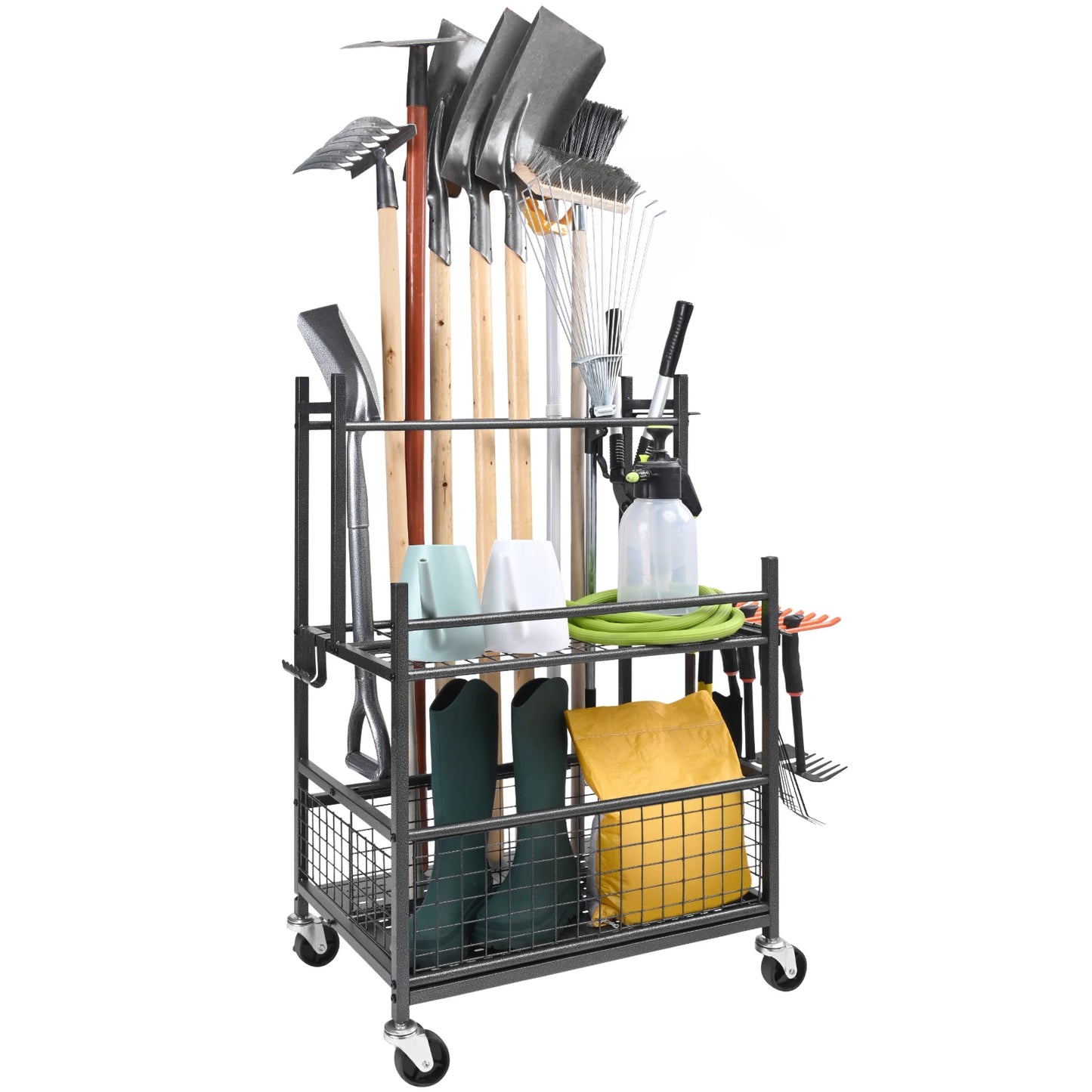 Garden Tool Organizer Rack With Hooks And Wheels For Garage