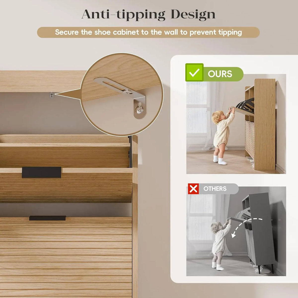 Entryway Fluted Shoe Storage Cabinet With Flip Drawers