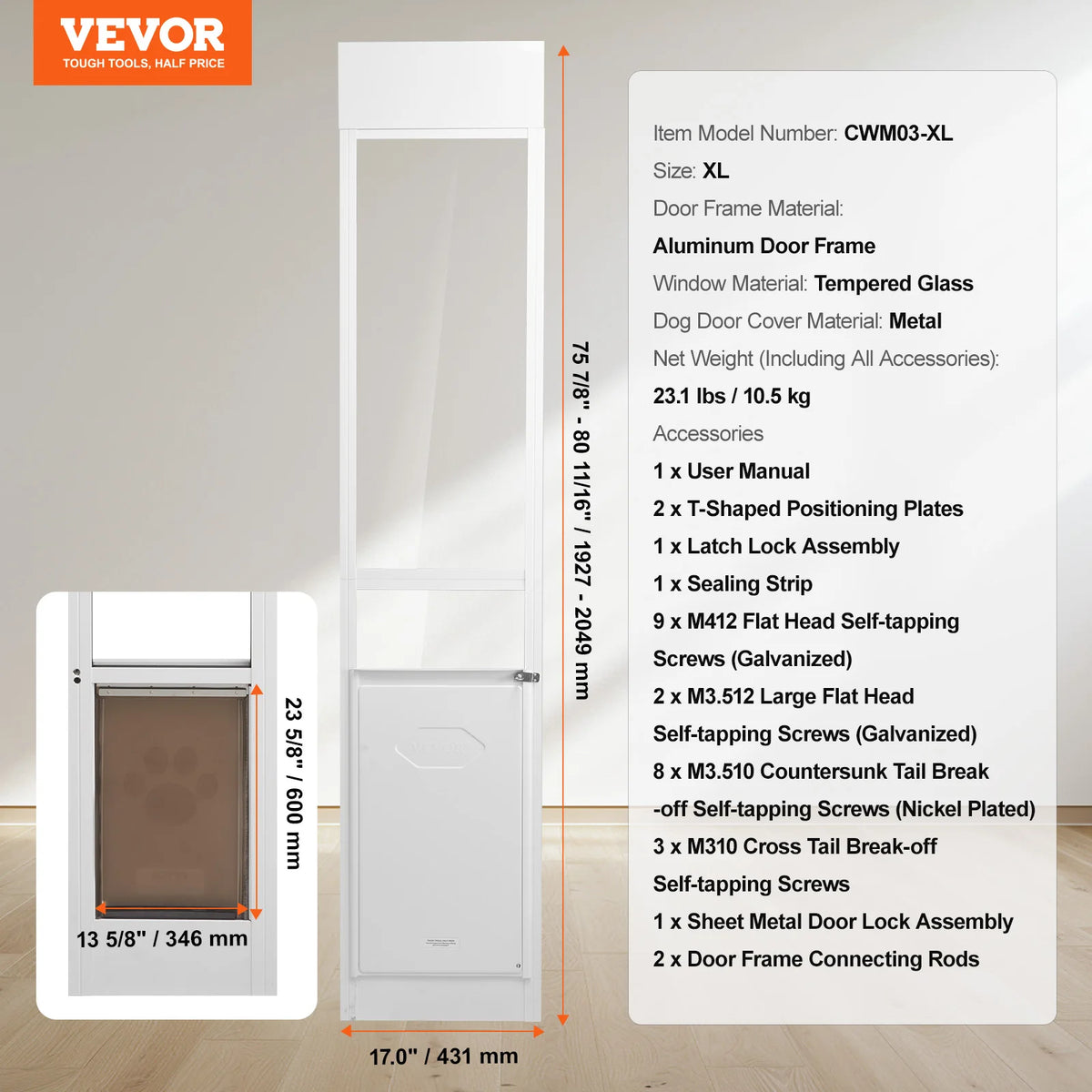 Succebuy Sliding Glass Dog Door Adjustable Aluminum Frame Tempered Glass