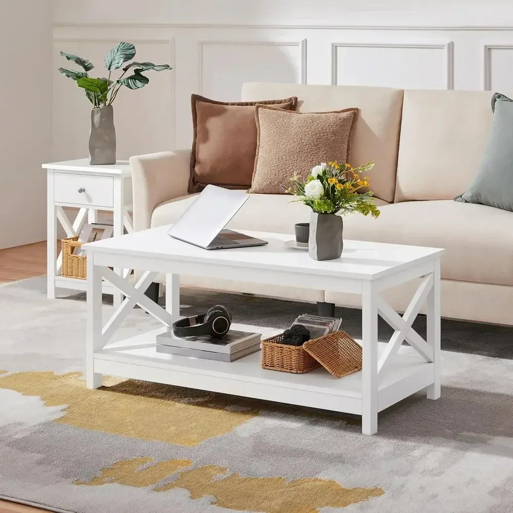 Wood 2-Tier Coffee Table With Storage Shelves Modern X Design