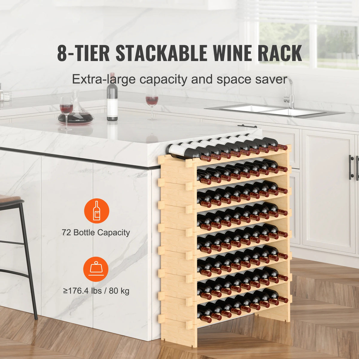 SucceBuy 8 Tiers Stackable Modular Bamboo Free Standing Wine Storage Rack