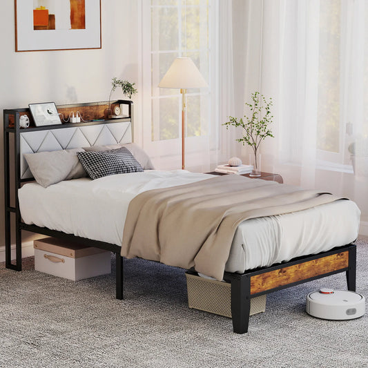 MCQ Metal Bed Frame Featuring Storage Headboard And USB Ports