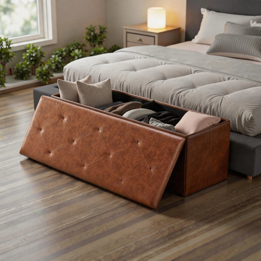 Tufted Faux Leather Storage Bench Ottoman With Folding Footrest