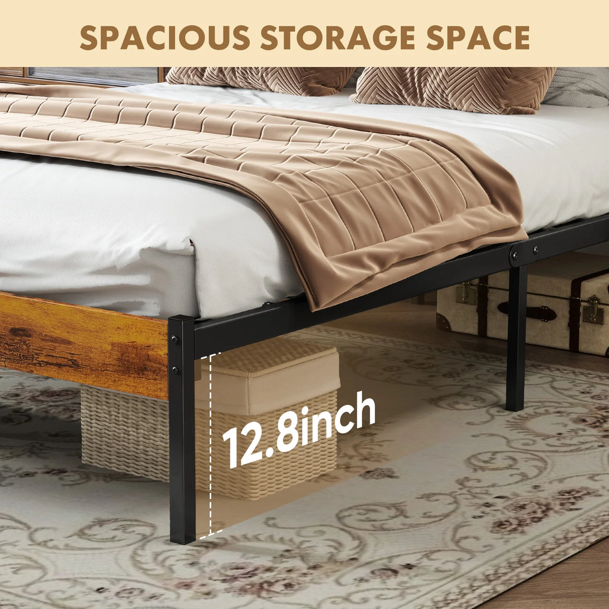MCQ Heavy Duty Metal Platform Bed Frame With Wooden Headboard